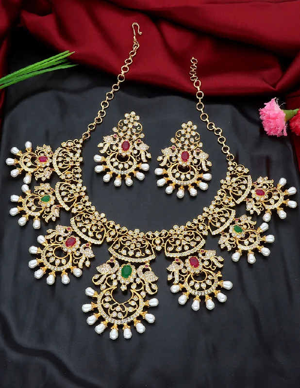 Pearl Necklace for Bride-Designer Floral Pattern Zirconia Necklace Set