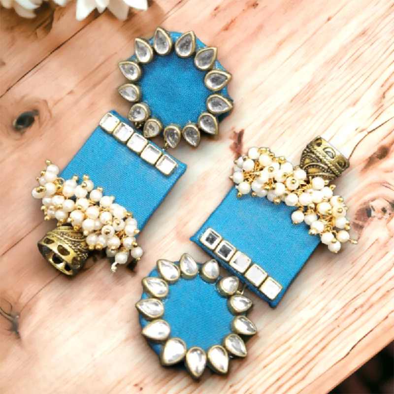 Silver Crystal Earrings-Bajana Lifestyle Women's Handmade Skyblue Wooden Earring With Kundan And Beads