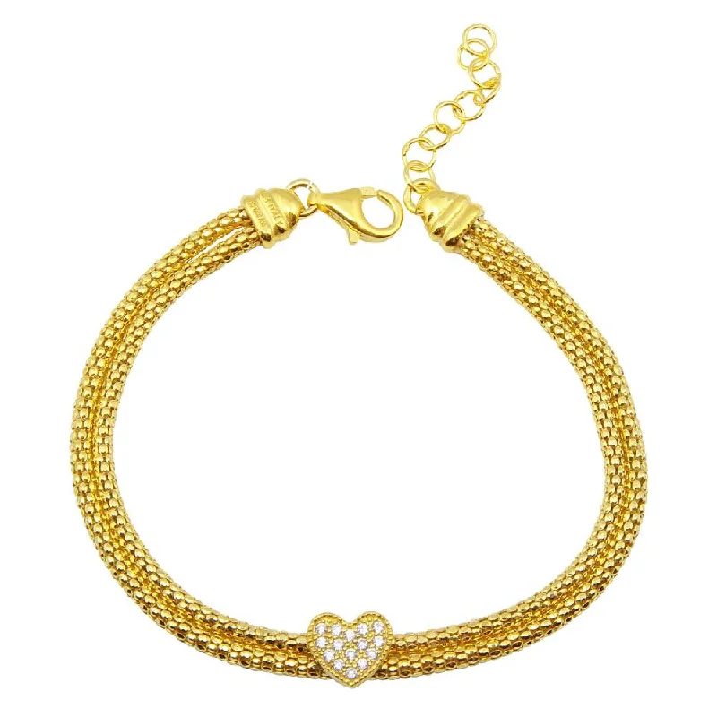 Fashionable Charm Bracelet-Gold Plated 925 Sterling Silver Heart and Double Chain Bracelet with CZ - ARB00016GP