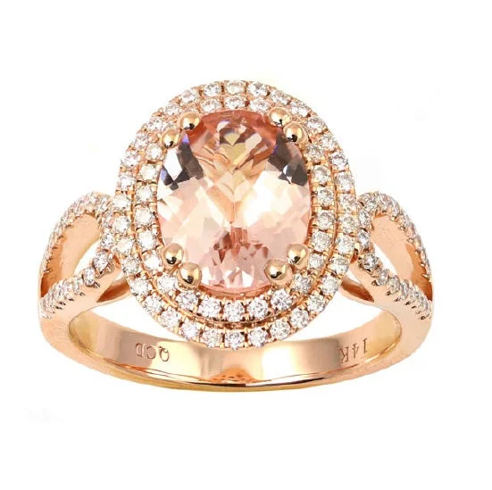 Custom Wedding Ring Set-10X8MM Oval Morganite and Diamond Halo Engagement Ring in 14KT Rose Gold