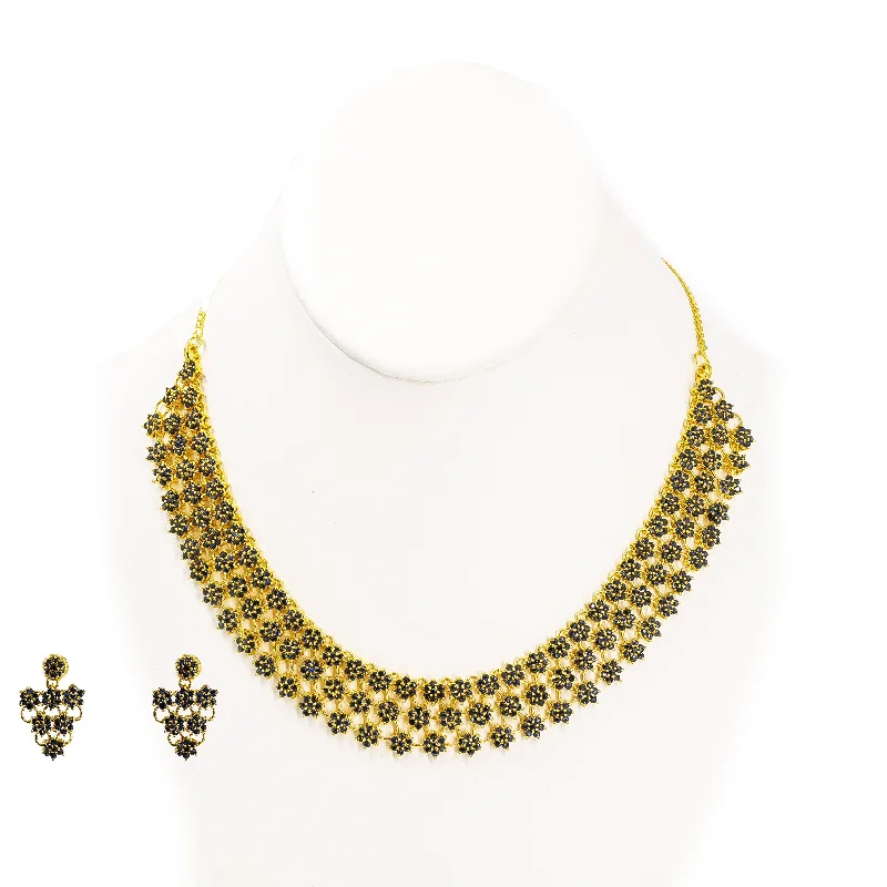 Sterling Silver Necklace-22K Yellow Gold Necklace & Earrings Set in Floral Design W/ Genuine Sapphire