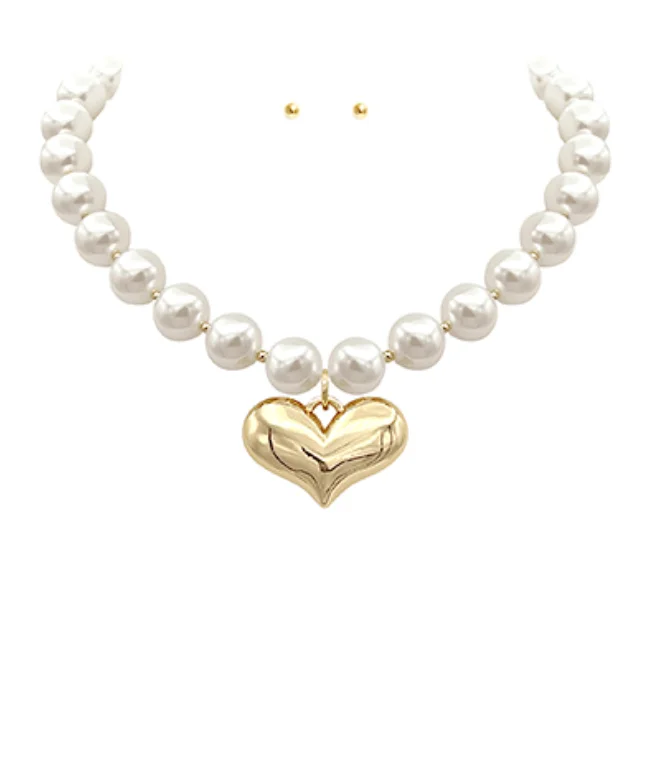 Sterling Silver Pendant Necklace-Puffy Heart and Pearl Bead Necklace Set