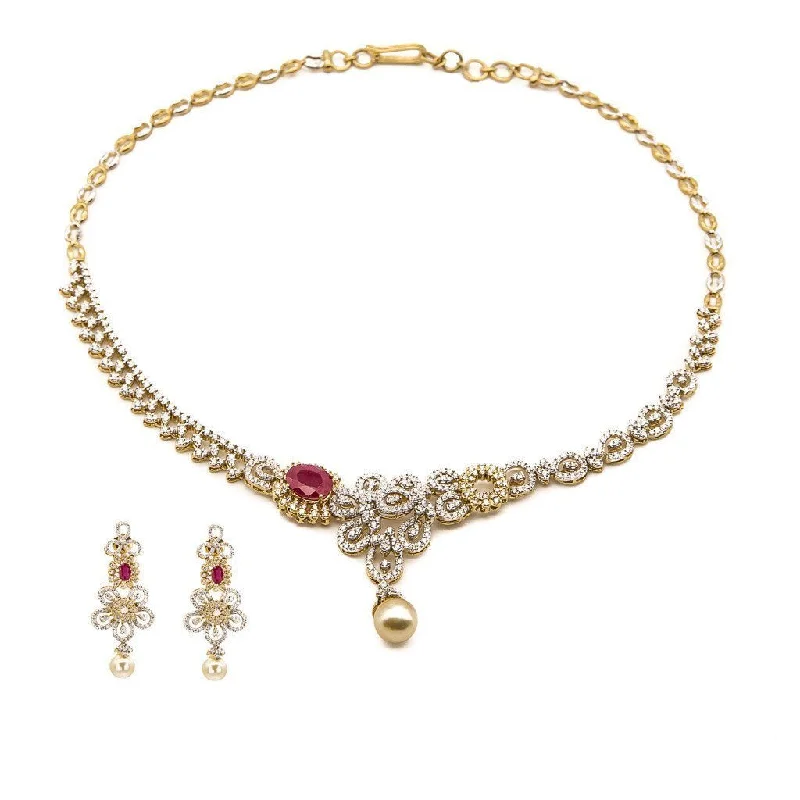 Personalized Pendant Necklace-5.8CT Diamond Asymmetric Necklace and Earrings Set In 18K Yellow Gold W/ Pearl & Ruby Accent