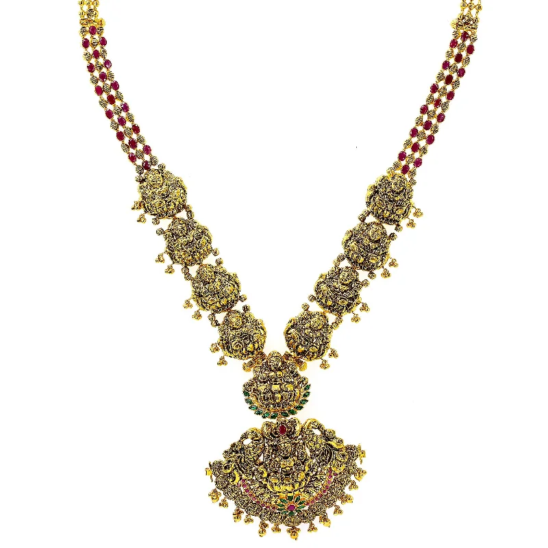 Silver Heart Necklace-22K Yellow Antique Gold Laxmi Haaram Necklace W/ Emeralds, Rubies & Faceted Laxmi Accents