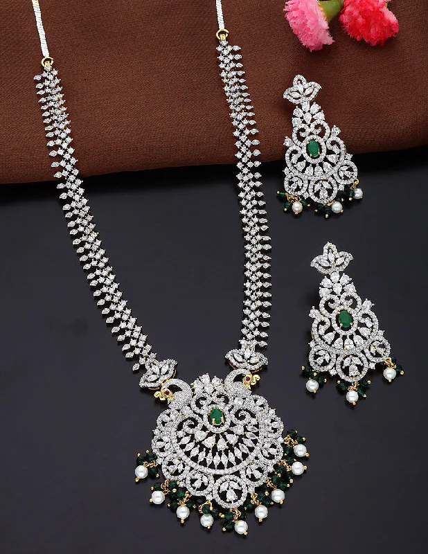 Long Silver Necklace-Designer GJ Polish Zirconia Necklace Set