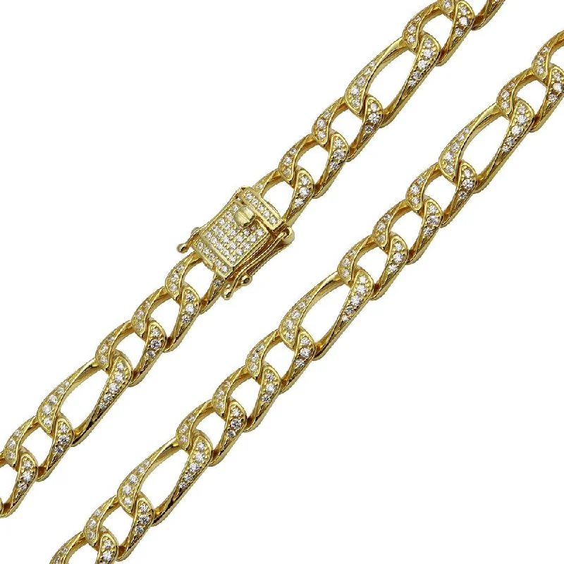 Engraved Bracelets for Couples-Gold Plated 925 Sterling Silver CZ Encrusted Figaro Chain or Bracelet 8.2mm - CHCZ112 GP