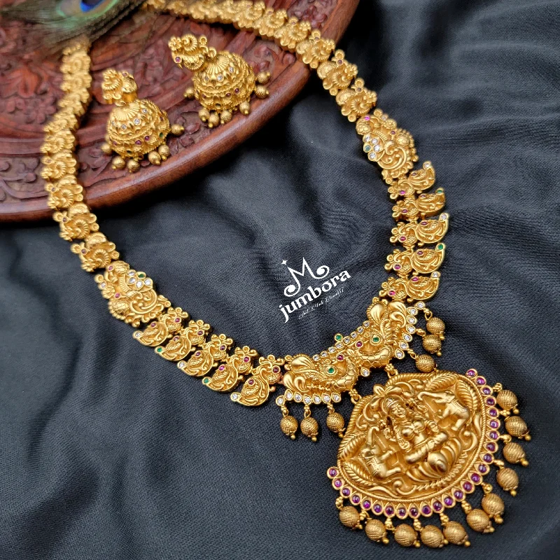 Luxury Gold Necklace-Peacock Matte Gold Temple Jewelry Long Lakshmi Necklace Set