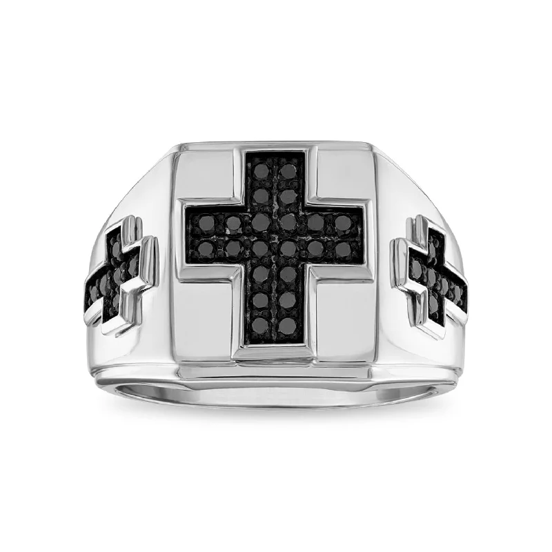 Black Titanium Ring for Men-1/2 CTW Treated Black Diamond Cross Ring in Sterling Silver