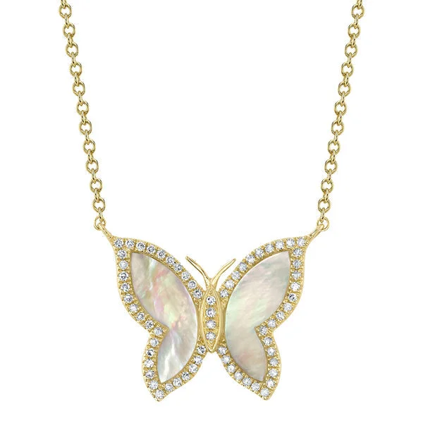 Custom Name Necklace-14K Yellow Gold Diamond & Mother of Pearl Butterfly Necklace