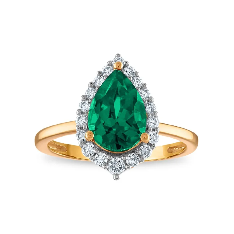 Silver Solitaire Ring-LoveSong EcoLove 10X7MM Pear Emerald and Diamond Halo Ring in 10KT Yellow Gold