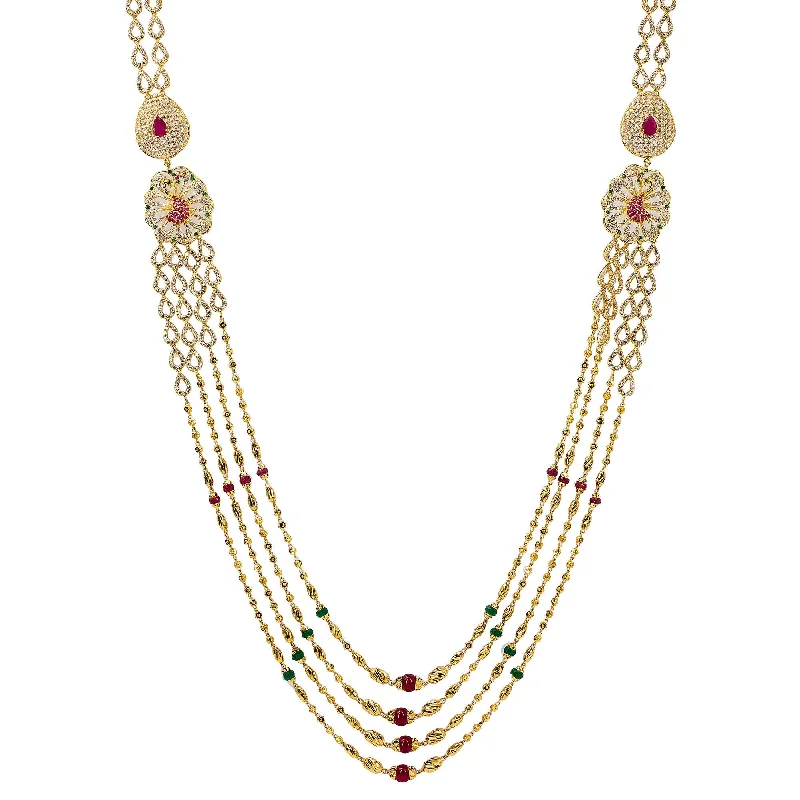 Personalized Pearl Necklace-22K Yellow Gold Multi Strand Haaram Necklace W/ Emeralds, Rubies, CZ Gemstones & Side Pendants