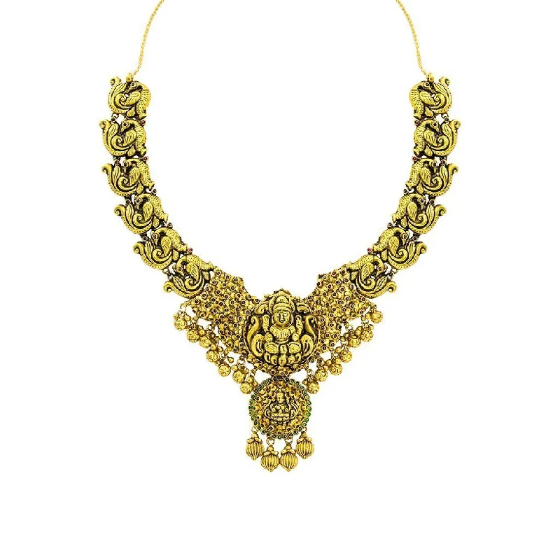 Pearls and Diamonds Necklace-22K Yellow Gold Antique Temple Necklace W/ Ruby, Emerald & Laxmi Pendant on Carved Peacock Strand