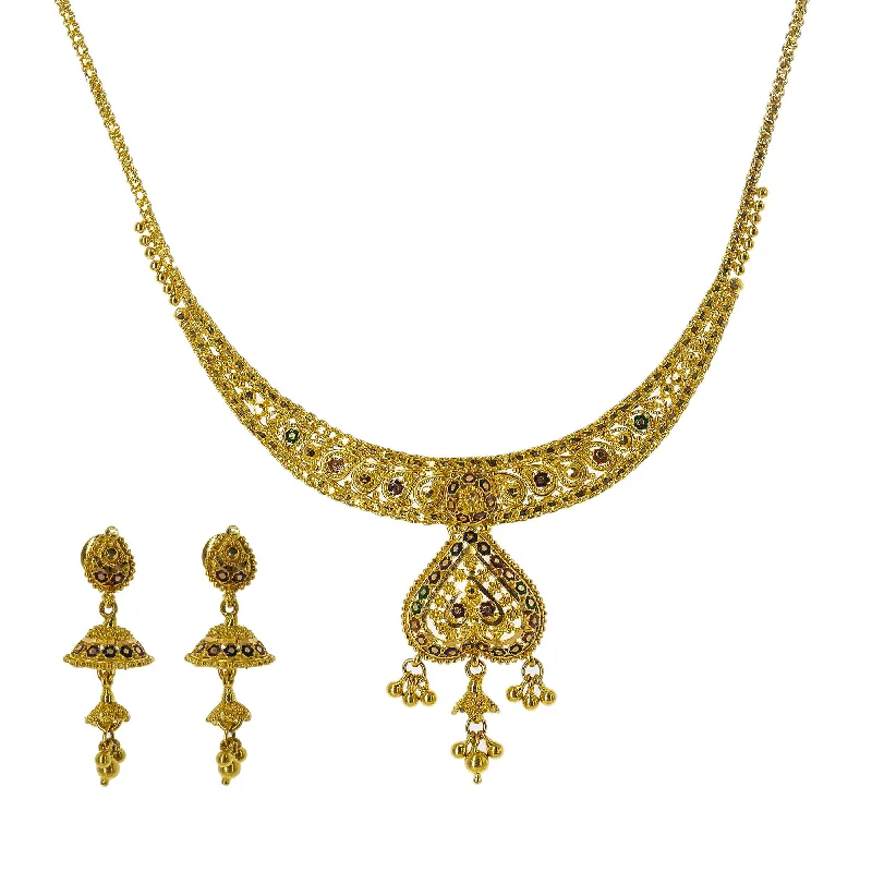 Silver Chain with Gemstones-22K Yellow Gold Meenakari Necklace Set W/ Beaded Filigree & Jhumki Earrings