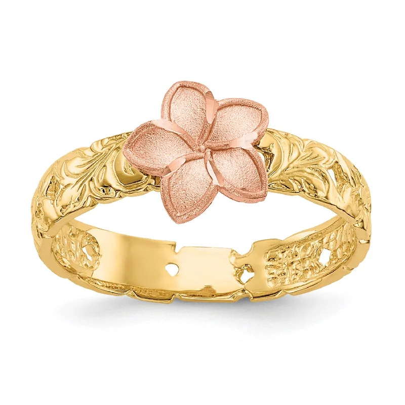 Rose Gold Band Ring-14KT Yellow and Rose Gold Childrens Flower Ring; Size 3