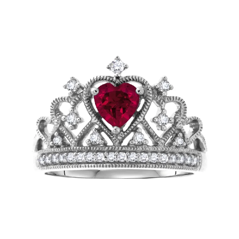 Personalized Couples Ring-5MM Heart Shape Ruby and White Sapphire Tiara Crown Ring in Sterling Silver