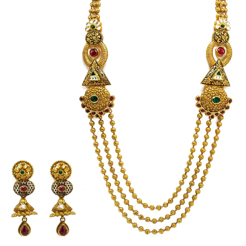 Unique Gold Necklace for Women-22K Yellow Gold Temple Necklace & Earrings Set W/ Rubies, Emeralds, Kundan, Geometric Accents & Draped Beaded Strands