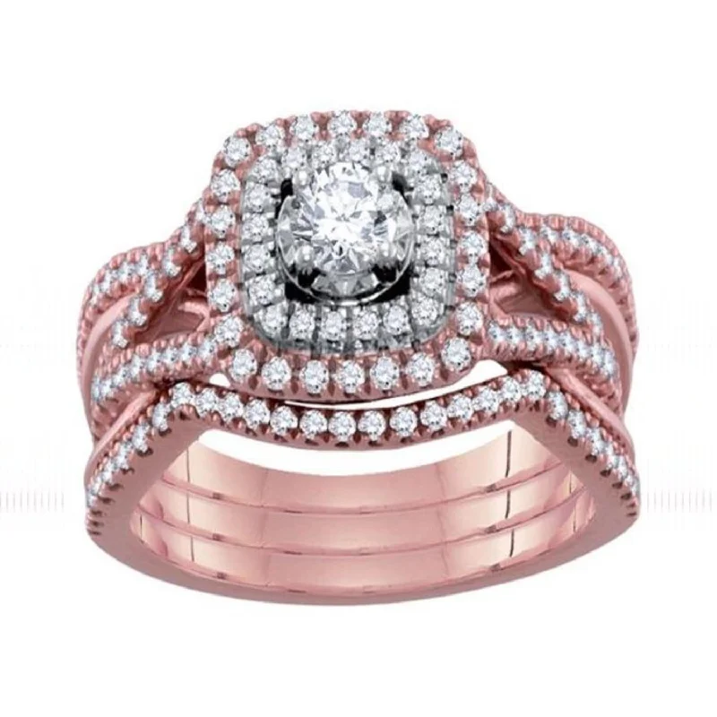 Custom Diamond Ring-Signature 1 CTW Diamond Bridal Set Ring in 14KT Rose Gold