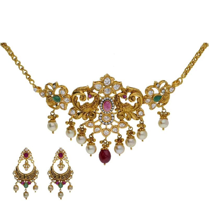 Custom Pendant Necklace-22K Yellow Antique Gold 2-in-1 Choker/Vanki & Chandbali Earrings Set W/ Emerald, Ruby, CZ, Pearls & Double Peacock Design