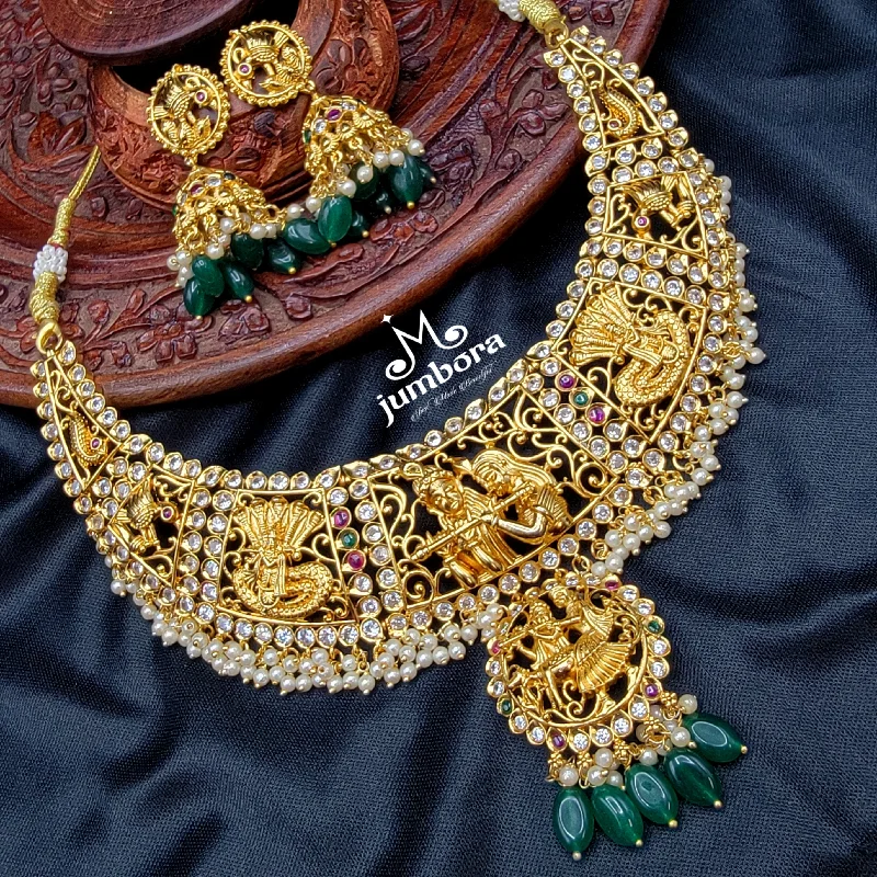 Elegant Gold Necklace-Bridal Brass Nakshi Radha Krishna Necklace Temple Jewelry Set