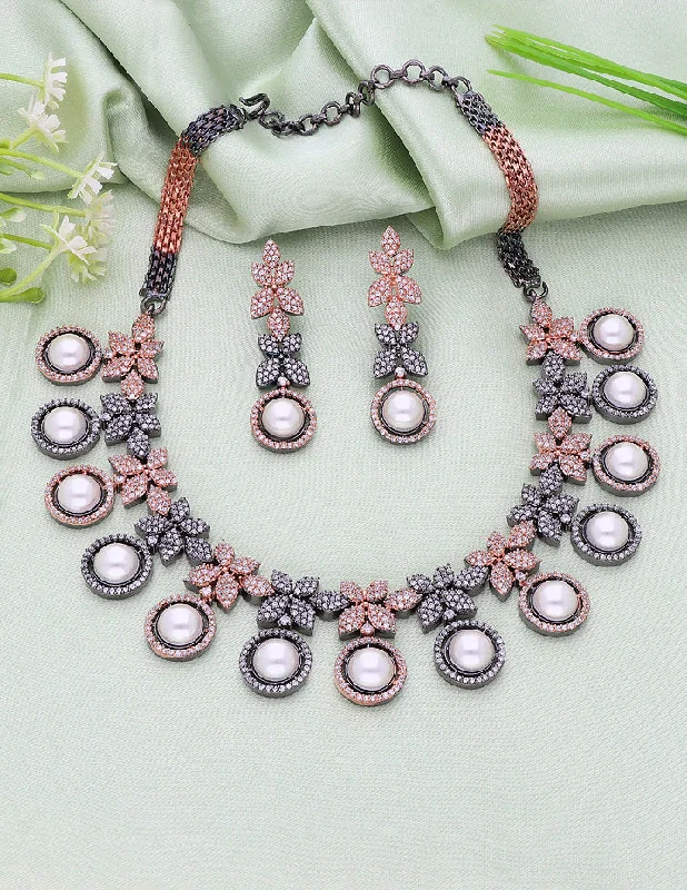 Silver Necklace with Stones-Designer Black Rose Plated Zirconia Necklace Set