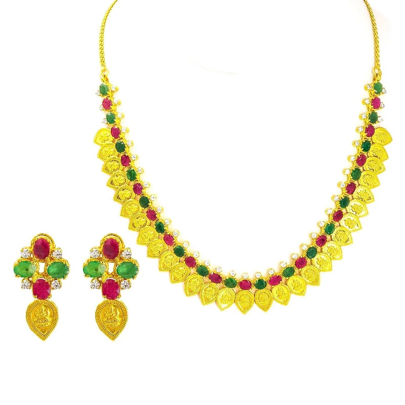 Pearl Choker Necklace-22K Yellow Gold Necklace & Earrings Set W/ Teardrop Laxmi Coins and Ruby, CZ & Emerald Gemstones