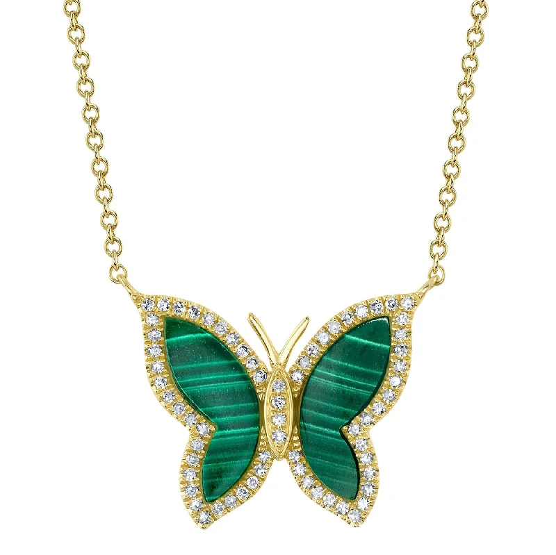 Silver Chain Necklace-14K Yellow Gold Diamond & Malachite Butterfly Necklace