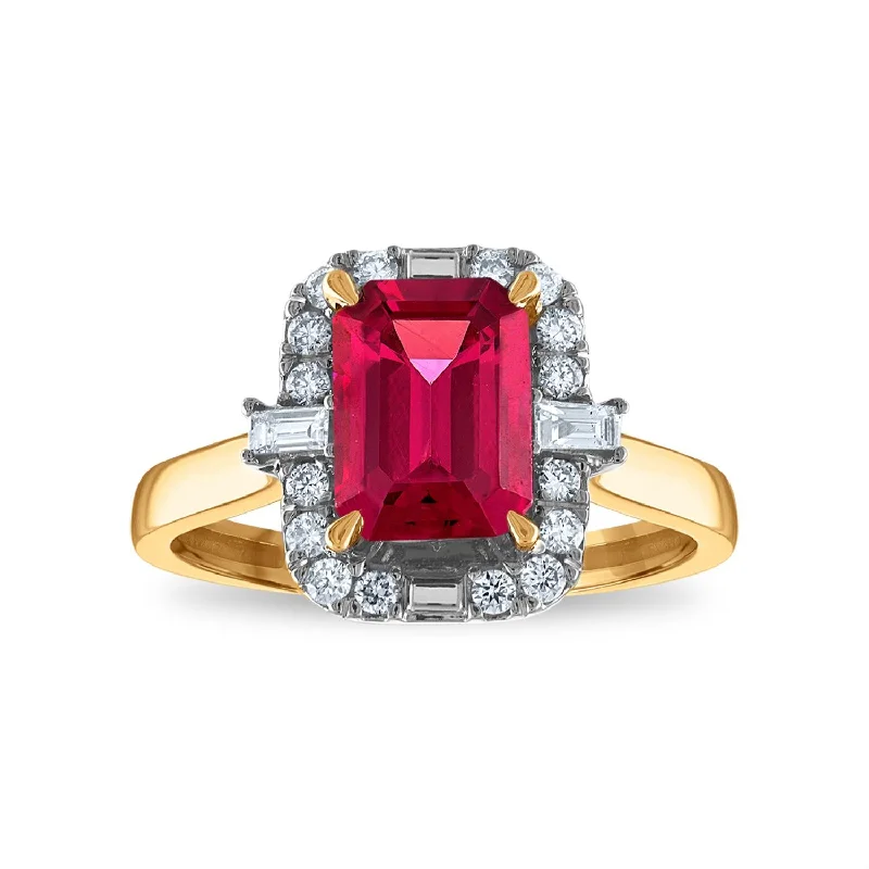 Diamond Ring for Women-LoveSong EcoLove 8X6MM Emerald Shape Ruby and Diamond Halo Ring in 10KT Yellow Gold