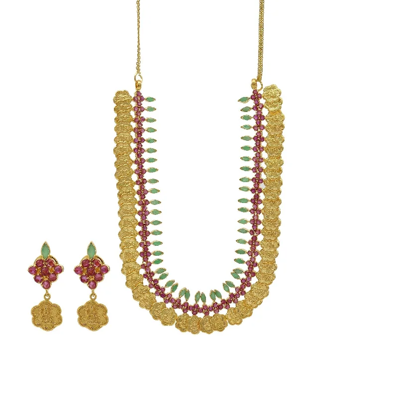 Handmade Gemstone Necklace-22K Gold Ruby Emerald Floral Kasu Necklace & Earrings Set