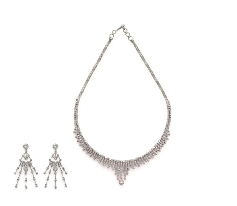 Simple Silver Pendant Necklace-18K White Gold Diamond Necklace Set W/9.45ct VVS Diamonds & Avant Garde Design