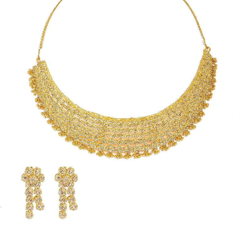 Adjustable Necklace-22K Yellow Gold Diamond Necklace & Earrings Set W/ 28.04ct Uncut Diamonds, Clustered Flowers & Gold Ball Accents on Bib Necklace