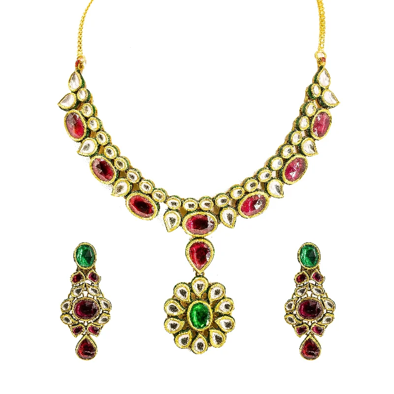 Long Beaded Necklace-22K Yellow Gold Kundan Necklace & Earrings Set W/ Ornate Pendants & Mango Accents on Collar Necklace