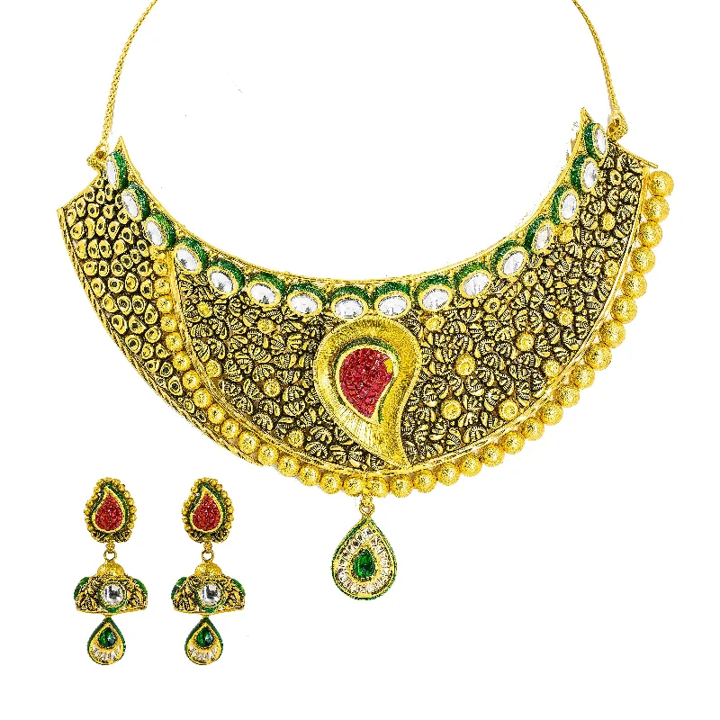 Crystal Bead Necklace-22K Yellow Gold Choker & Jhumki Drop Earrings Set W/ Ruby, Emerald, Kundan & Deep Carved Mango Detail