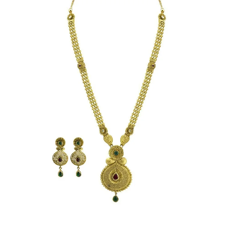 Simple Chain Necklace-22K Yellow Gold Necklace & Earrings Set W/ Kundan & Matte Finish Details on Ornate Beaded Chain