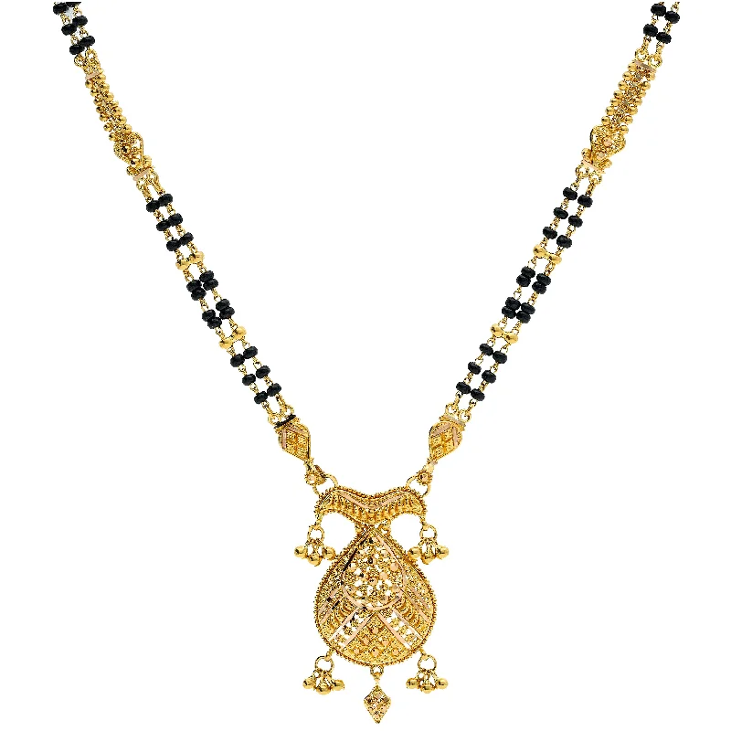 Gold Bar Necklace-22K Yellow Gold Mangalsutra Chain W/ Black Beads & Sprouting Pear Pendant