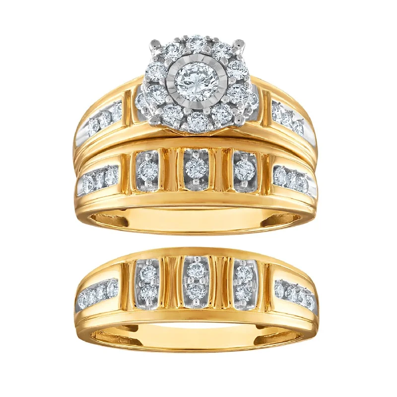 Bold Statement Ring-1 CTW Diamond Wedding Trio Set in 10KT White and Yellow Gold