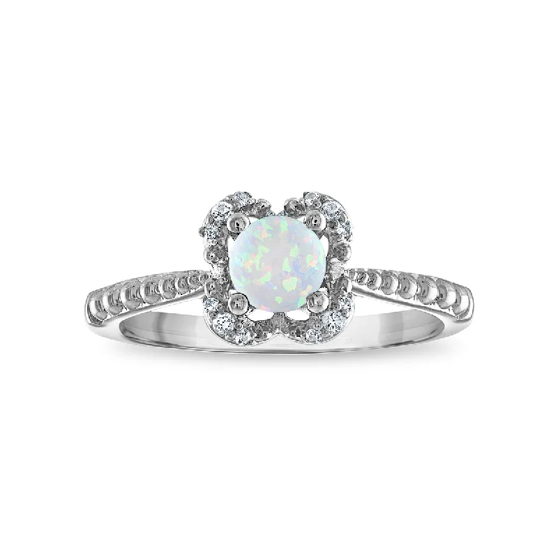 Vintage Engagement Ring-5MM Round Opal and White Sapphire Birthstone Flower Halo Ring in Sterling Silver