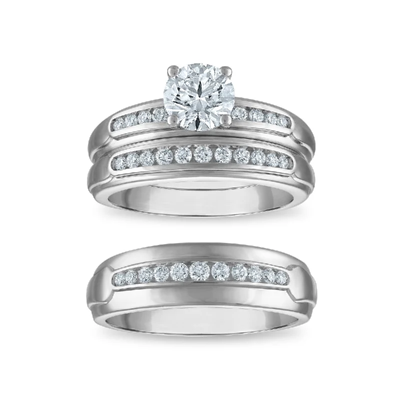 Platinum Diamond Ring-EcoLove 1-1/2 CTW Lab Grown Diamond Wedding Trio Set in 10KT White Gold