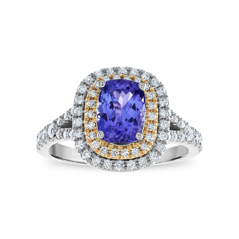 Princess Cut Sapphire Ring-8X6MM Cushion Tanzanite and Diamond Halo Ring in 10KT White and Rose Gold