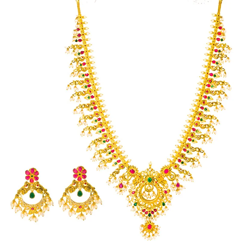 Gold Chain Necklace for Men-22K Yellow Gold Guttapusalu Necklace and Earrings Set W/ Emeralds, Pearls, CZ, Rubies & Peacock Accents