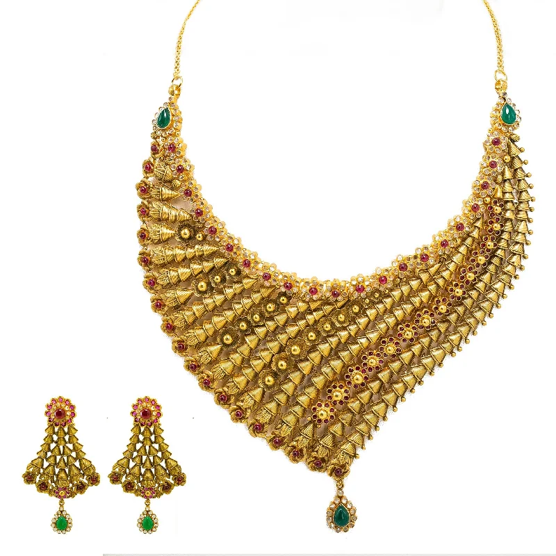 Gold Pendant Necklace-22K Yellow Gold Necklace & Earring Set W/ Ruby, Emerald, CZ Gems, Clustered Flowers & Gold Caps Design