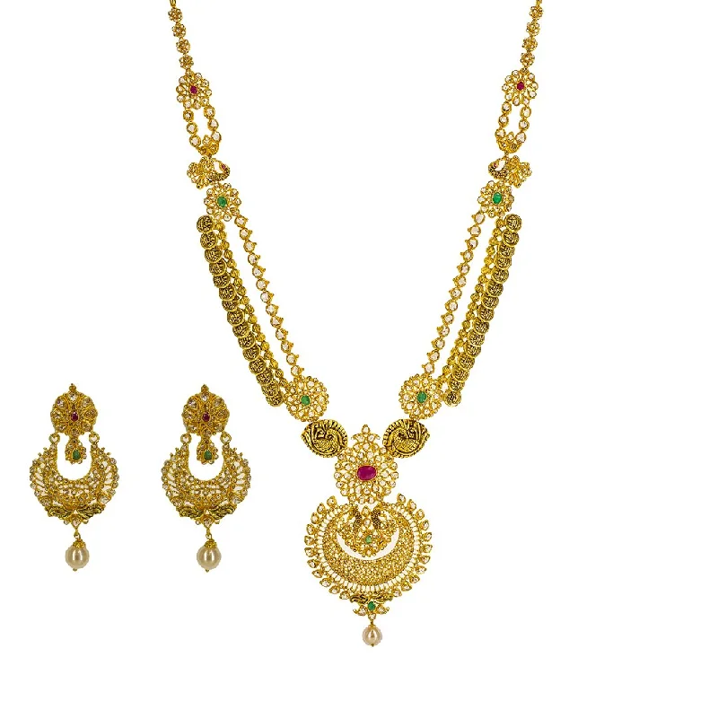 Gemstone Pendant Necklace for Women-22K Yellow Gold Uncut Diamond Antique Temple Necklace Set W/ 33.95ct Uncut Diamonds, Rubies, Emeralds & Drop Pearls