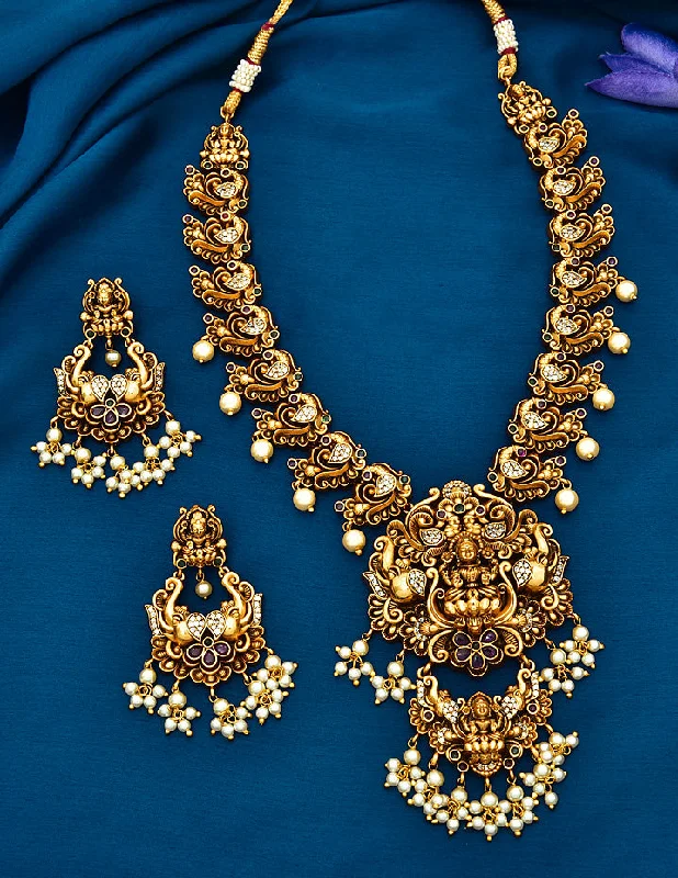 Sapphire Necklace-Antique Lakshmi Devi Long Necklace Set