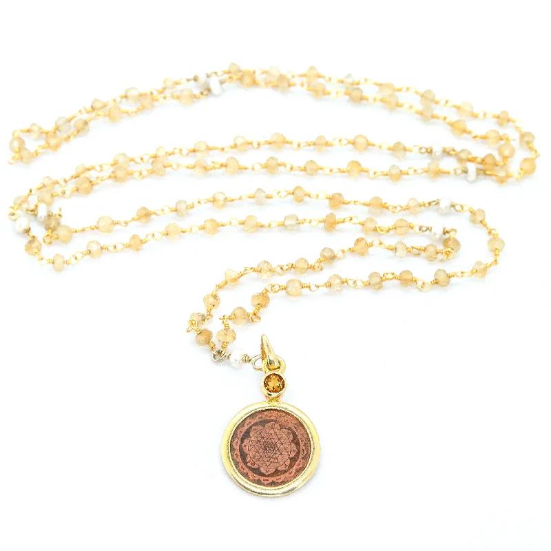 Trendy Long Necklace-Citrine and Pearl Sri Yantra Necklace