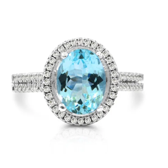 Custom Diamond Promise Ring-9X7MM Oval Blue Topaz and White Topaz Halo Ring in Sterling Silver