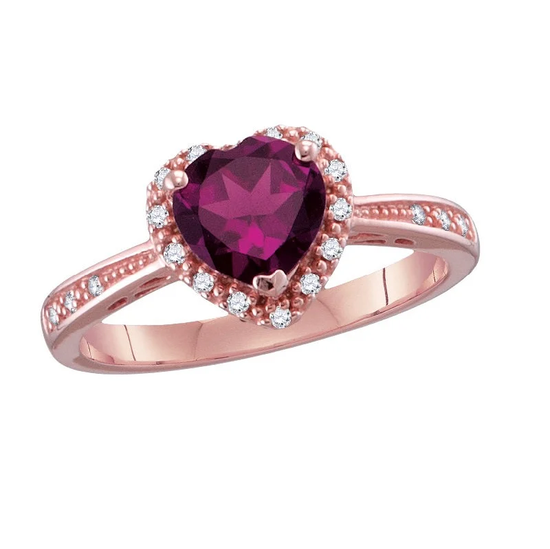 Gold Cocktail Ring-Heart Shape Rhodolite Garnet and Diamond Heart Ring in 10KT Rose Gold