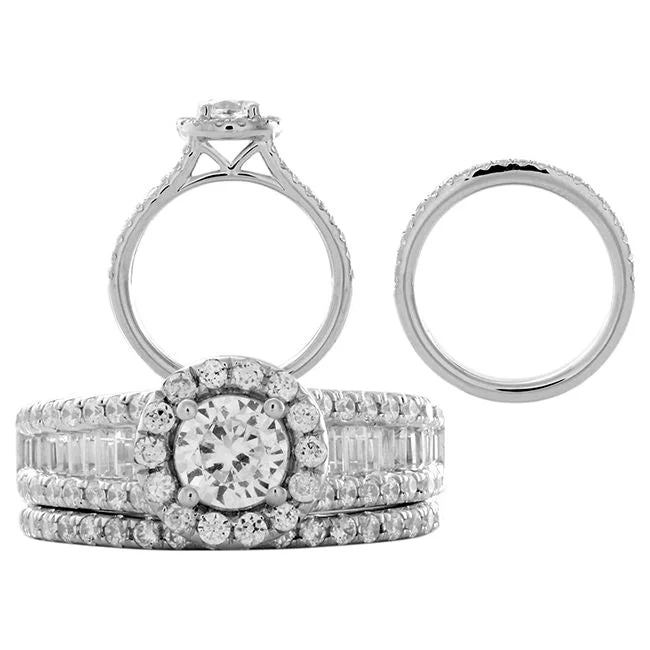 Silver Solitaire Ring-2 CTW Diamond Halo Bridal Set Ring in 14KT White Gold