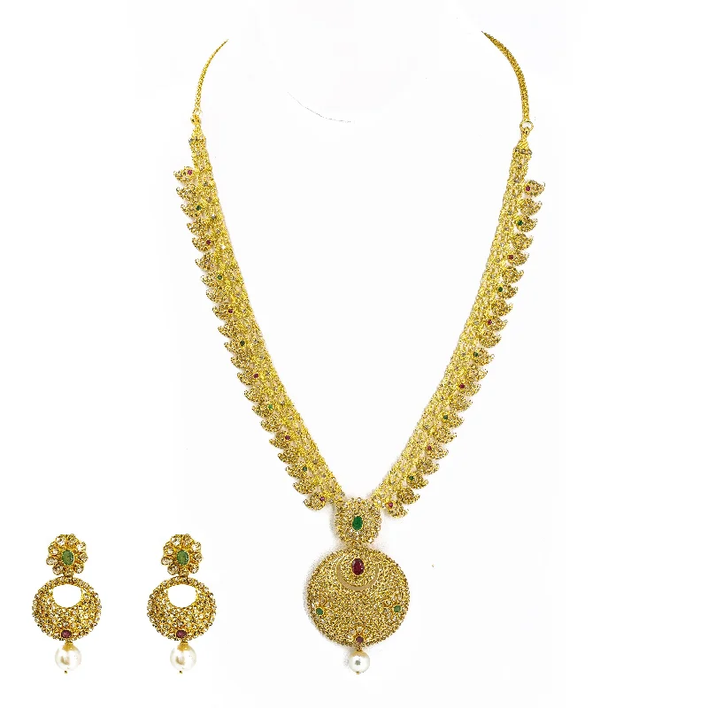 Gemstone Pendant Necklace-22K Yellow Gold Set Necklace & Earrings W/ Uncut Diamonds, Rubies & Emeralds on Three-Row Chain