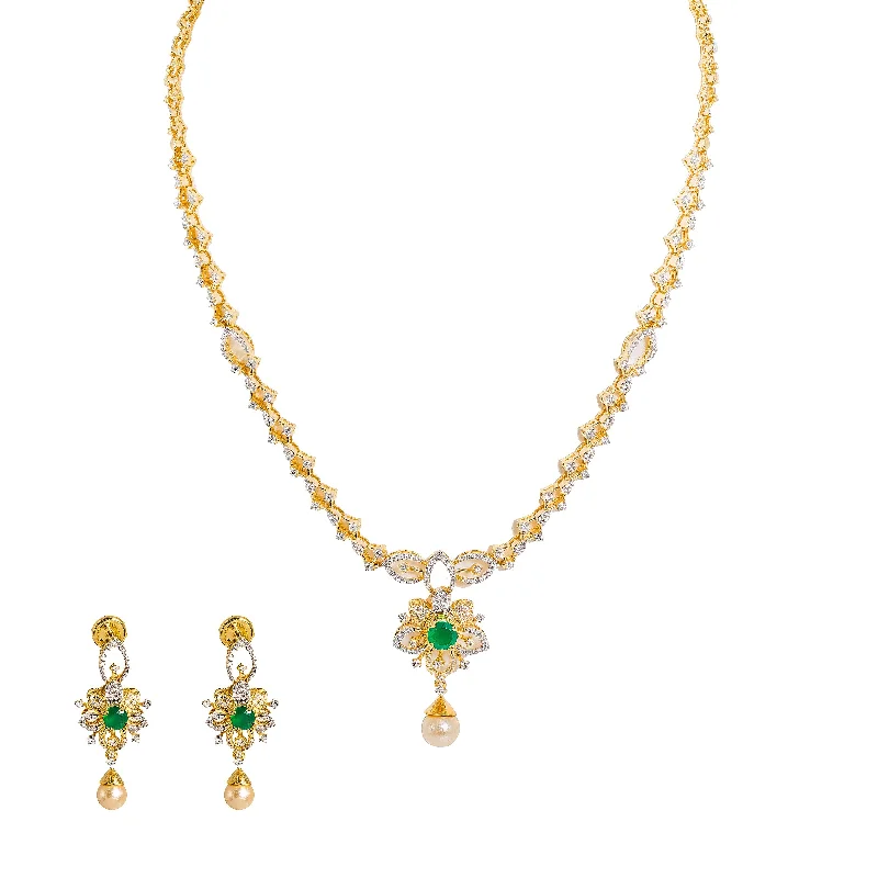 Classic Chain Necklace-18K  Yellow Gold Diamond Necklace & Earrings Set W/ VVS Diamonds, Emeralds, Pearls & Lotus Flower Pendant