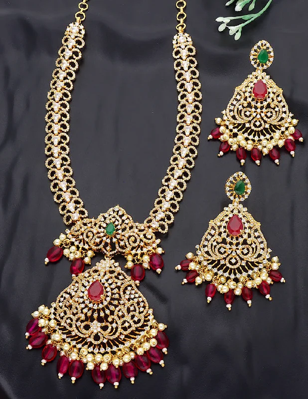 Crystal Pendant Necklace-Designer Gold Polish Necklace Set