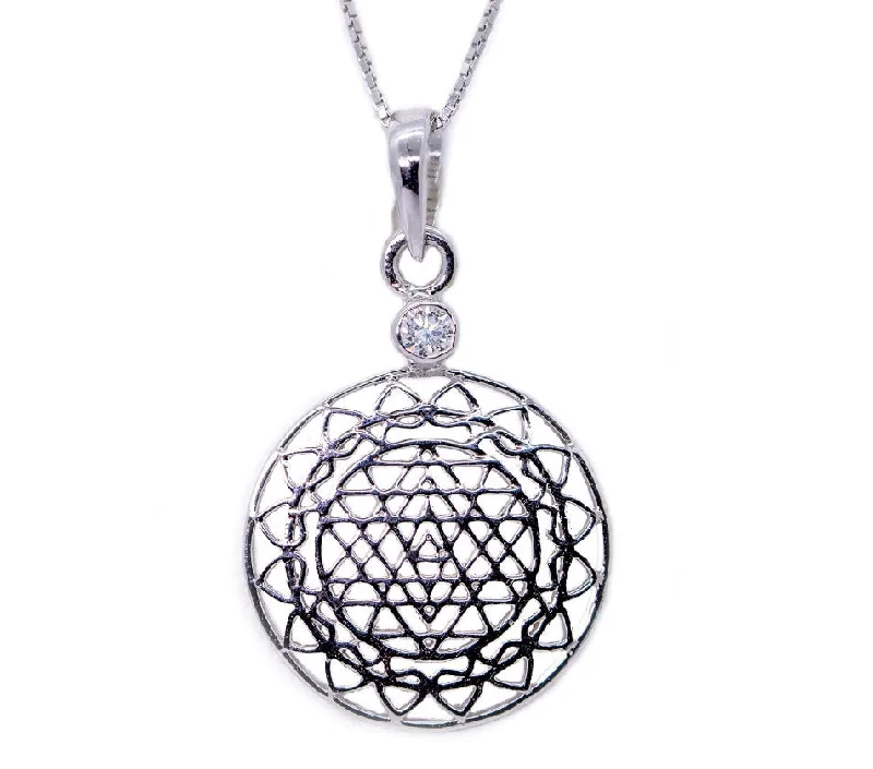 Gold Necklace for Everyday Wear-14kt White Gold Sri Yantra Pendant Necklace with Diamond Mount